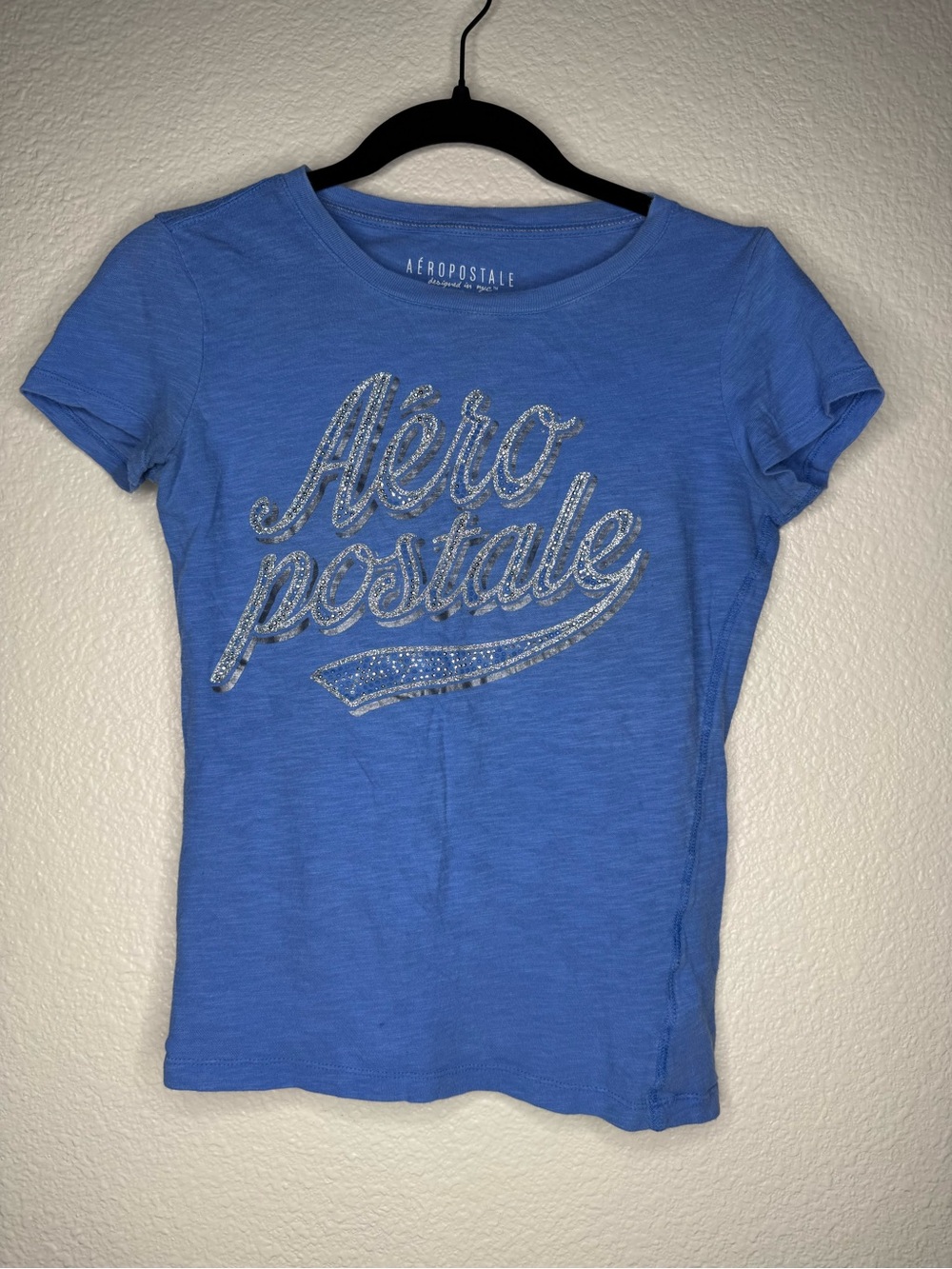 Aeropostale Y2K Blue Rhinestone Graphics Tee Shirt XS Slim Fit